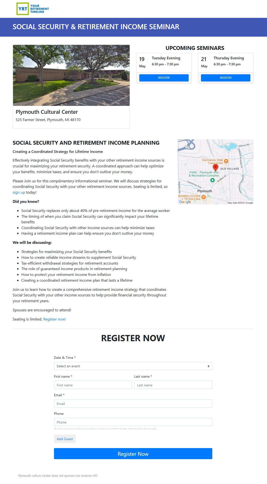 Event flyer: Social Security and Retirement Income Seminar